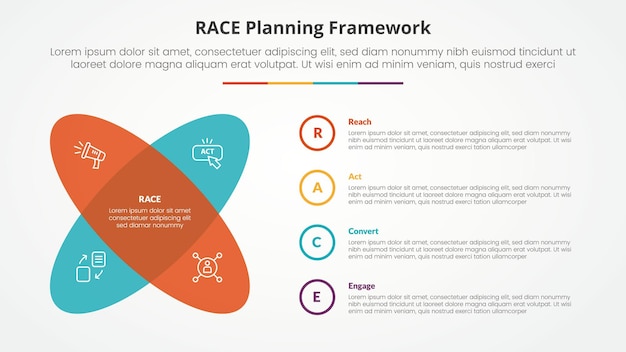 Free Vector race framework infographic concept for slide presentation with round shape with x shape with 4 point list with flat style