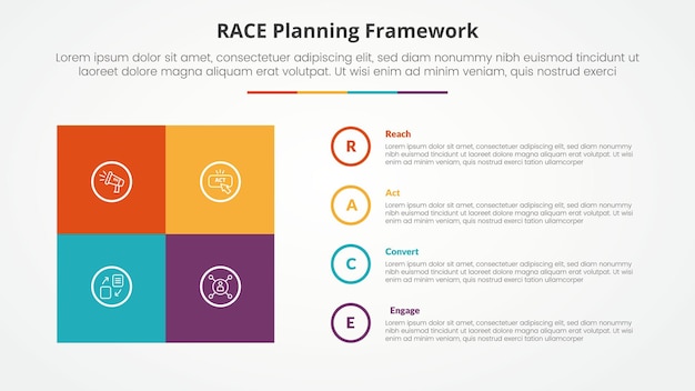 Free Vector race framework infographic concept for slide presentation with square box matrix with circle outline stack with 4 point list with flat style