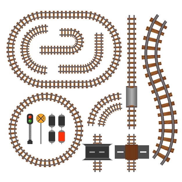 Free Vector railroad and railway tracks construction elements. wavy trackway structure for traffic train illustration