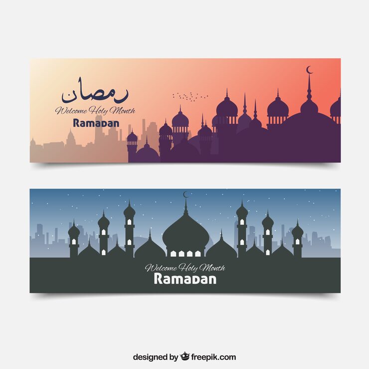 Free Vector ramadan banners with silhouette mosque