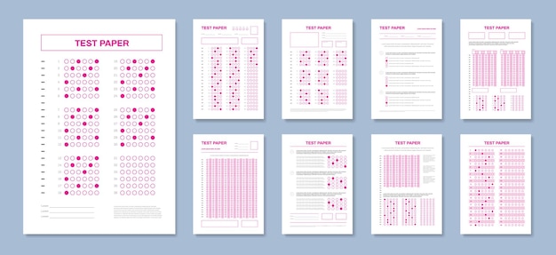 Free Vector realistic test paper answers set with red colored sheets of solved exam tests with correct marks vector illustration