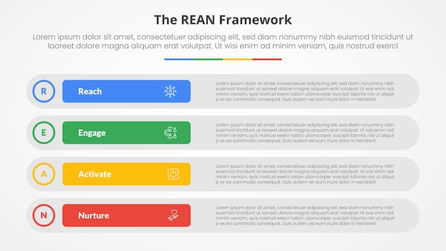 Free Vector rean framework infographic concept for slide presentation with long round rectangle box stack with 4 point list with flat style