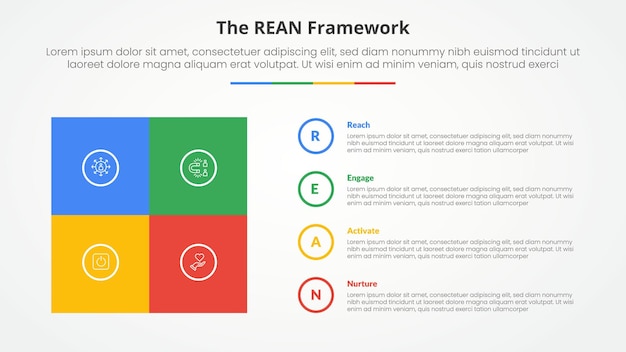 Free Vector rean framework infographic concept for slide presentation with square box matrix with circle outline stack with 4 point list with flat style