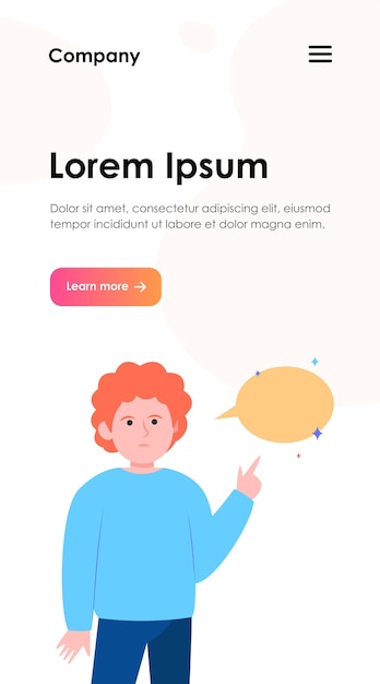 Free Vector red-haired guy pointing at empty speech bubble. finger, chat, network. communication and message concept for website design or landing web page