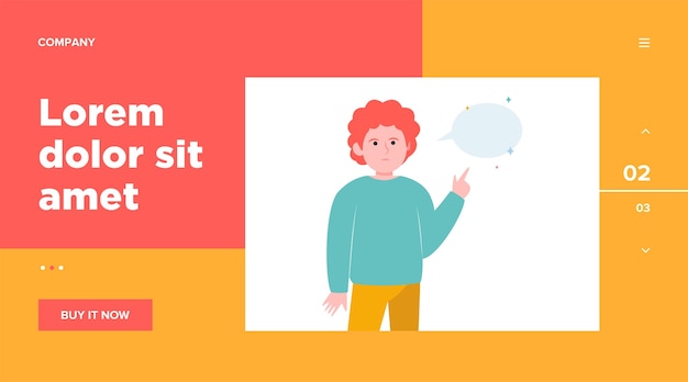Free Vector red-haired guy pointing at empty speech bubble. finger, chat, network. communication and message concept for website design or landing web page