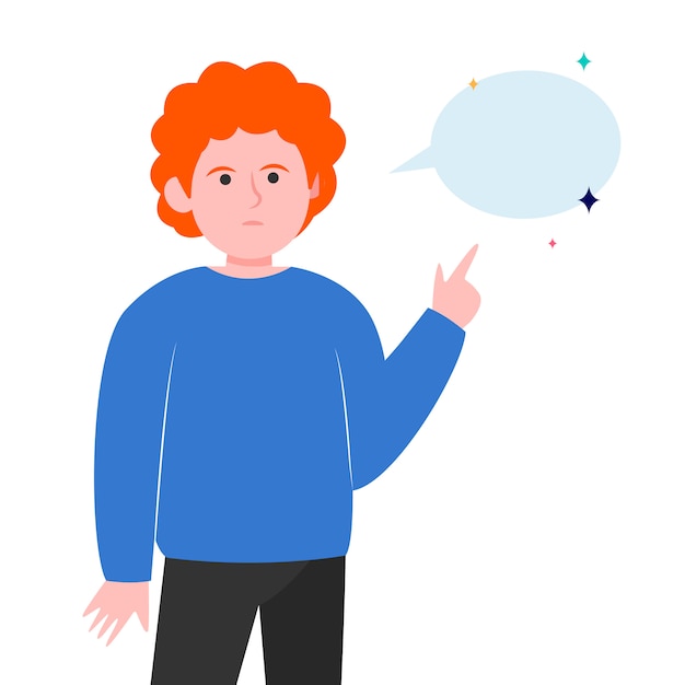 Free Vector red-haired guy pointing at empty speech bubble