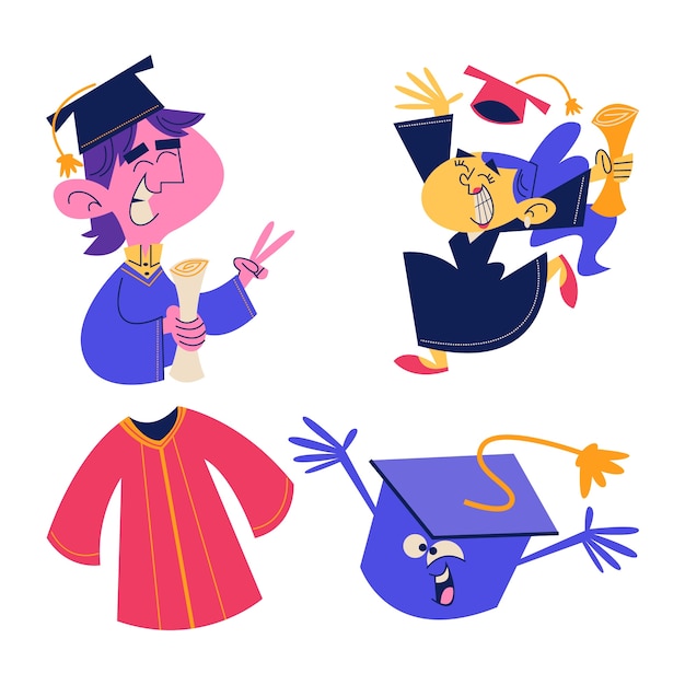 Free Vector retro cartoon graduation stickers collection