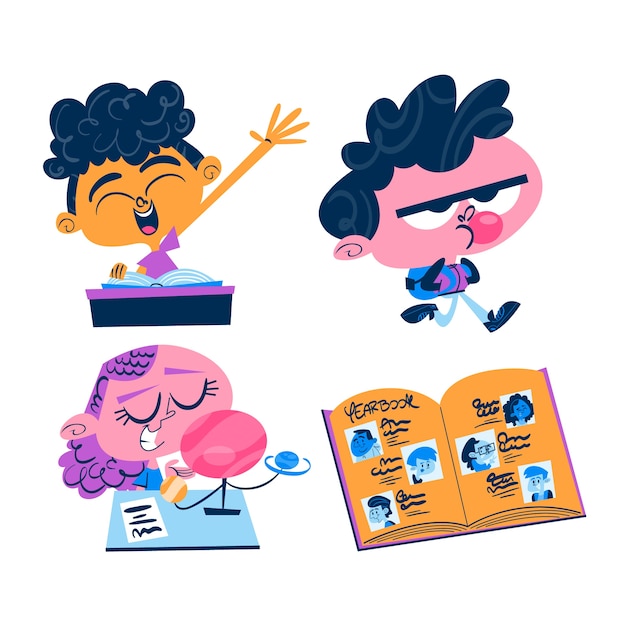 Free Vector retro cartoon students stickers collection