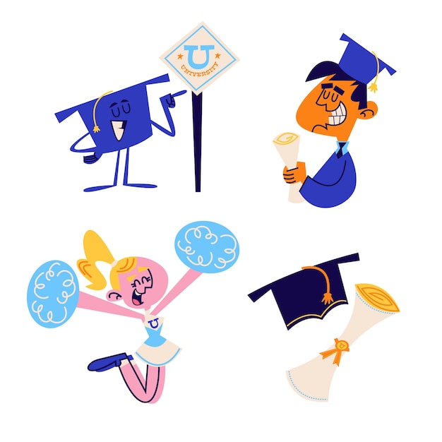 Free Vector retro cartoon university stickers collection