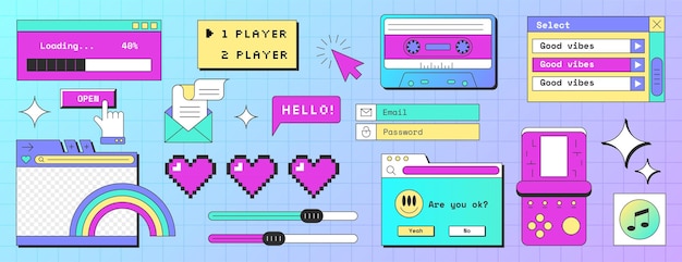 Free Vector retro computer screen interface with windows email popup notification message frames and pc elements