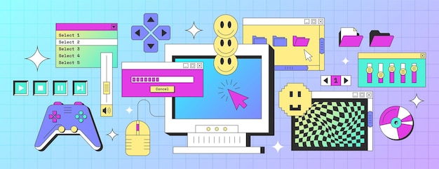 Free Vector retro computer screen interface with windows folder buttons happy smile faces browser message frames