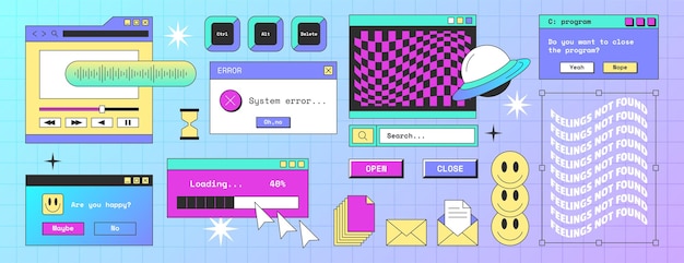 Free Vector retro computer screen interface with windows folder popup notification browser and message frames