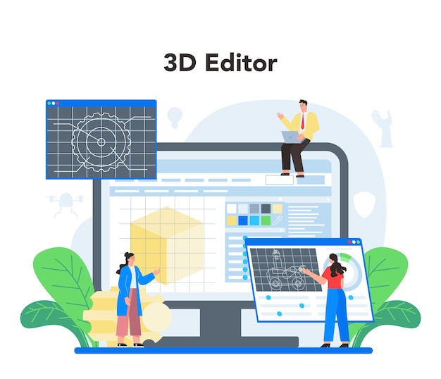 Free Vector roboticist online service or platform robotic engineering and constructing artificial intelligence in modeling industry 3d editor flate vector illustration