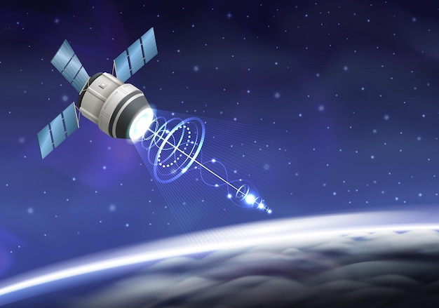 Free Vector rocket spacecraft launch realistic composition with view of outer space earth orbit and flying artificial satellite vector illustration