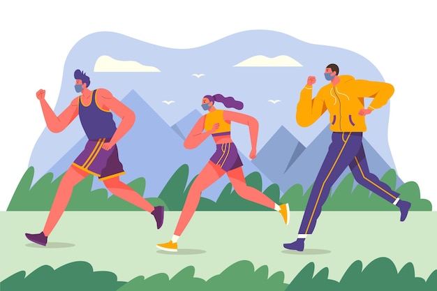 Free Vector runners with medical masks