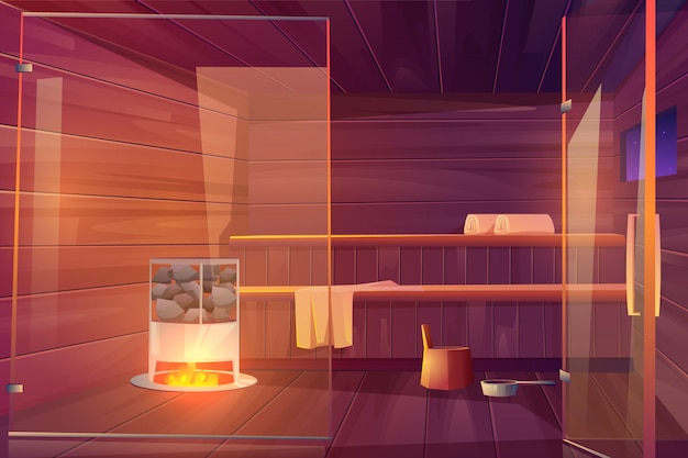 Free Vector sauna empty room with glass doors