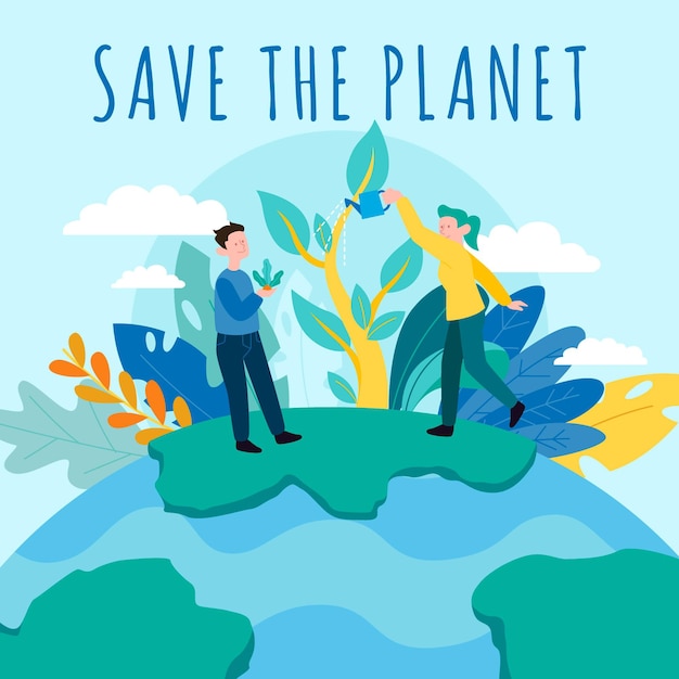 Free Vector save the planet concept  with people and nature