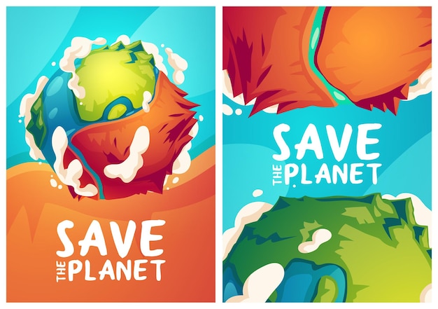 Free Vector save planet posters with earth globe with dry part