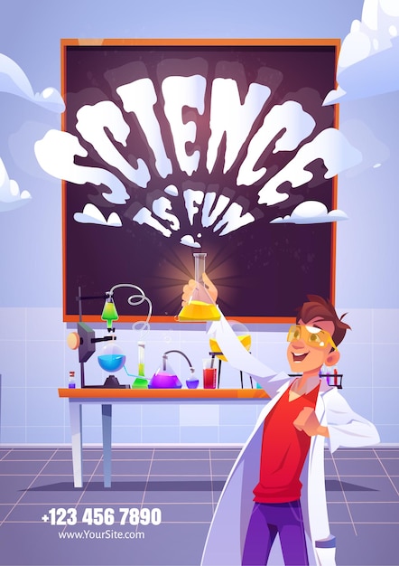 Free Vector science is fun cartoon poster with happy chemist holding glass flask, doing research test in chemical laboratory