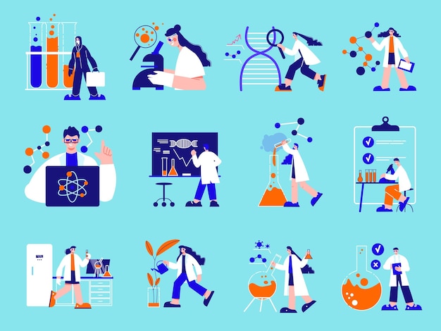 Free Vector science laboratory color set of people working in field of nanotechnology and genetic engineering isolated vector illustration