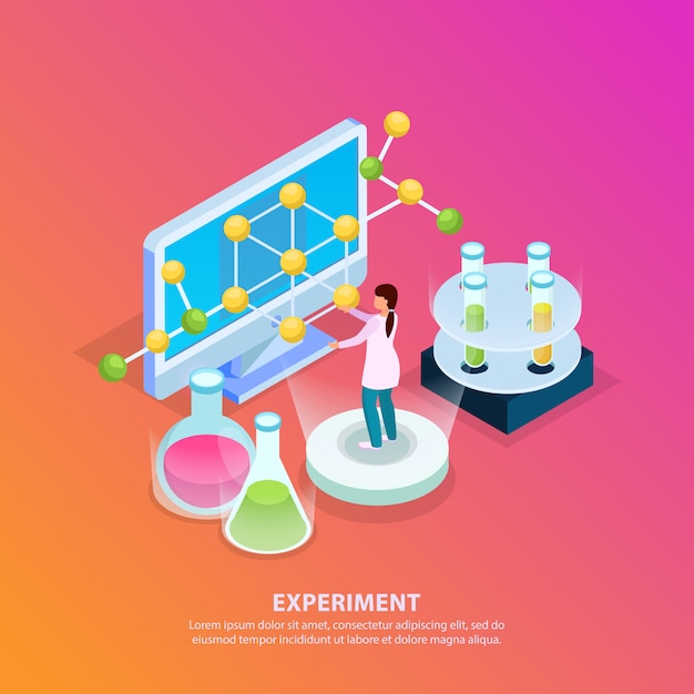 Free Vector science research isometric glow background with editable text test tubes molecule model computer and human character