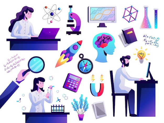 Free Vector science symbols abstract colorful icons set with young researcher behind computer atom model microscope isolated