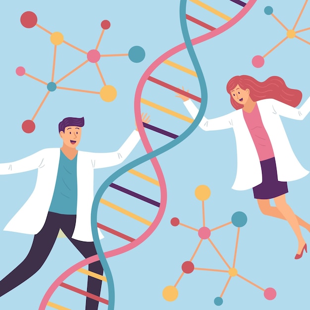 Free Vector scientists holding dna molecules