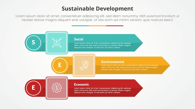 Free Vector see sustainable development infographic concept for slide presentation with rectangle arrow stack with circle edge with 3 point list with flat style