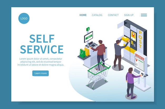 Free Vector self service isometric web site landing page with editable text learn more button and clickable links vector illustration
