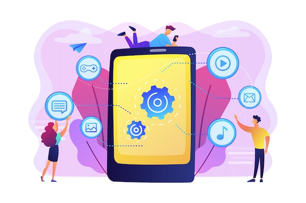 Free Vector seo, website, software development. app optimization, programming. web designers, programmers cartoon characters. mobile content concept.  