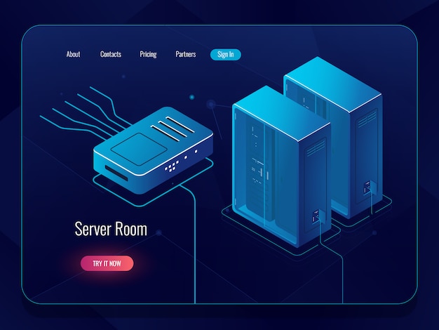 Free Vector server room, datacenter and database isometric icon, networking and internet communications