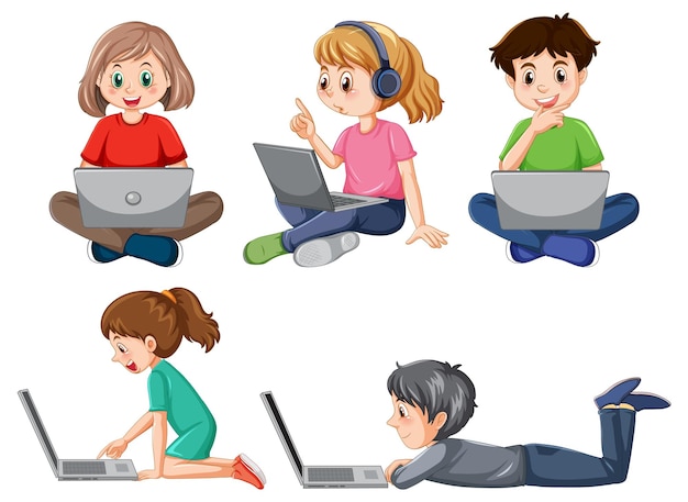 Free Vector set of children using laptop