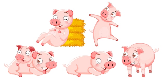 Free Vector set of cute pig cartoon characters