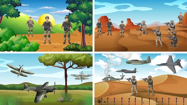 Free Vector set of different army war scenes
