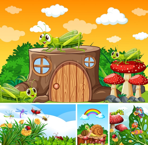 Free Vector set of different insects living in the garden background