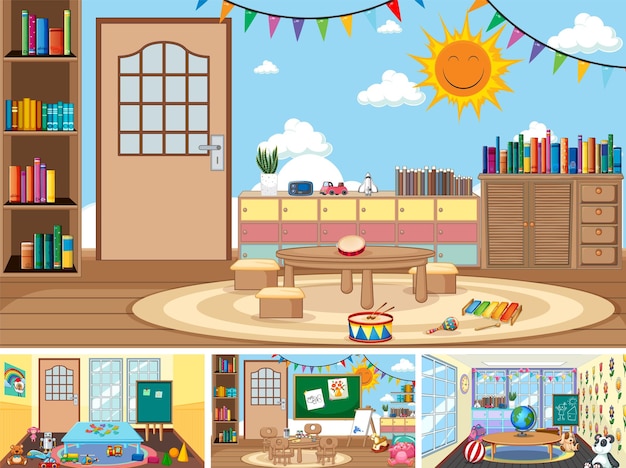 Free Vector set of different kindergarten classroom scenes