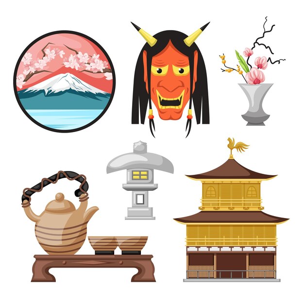 Free Vector set of flat design ancient japan culture elements