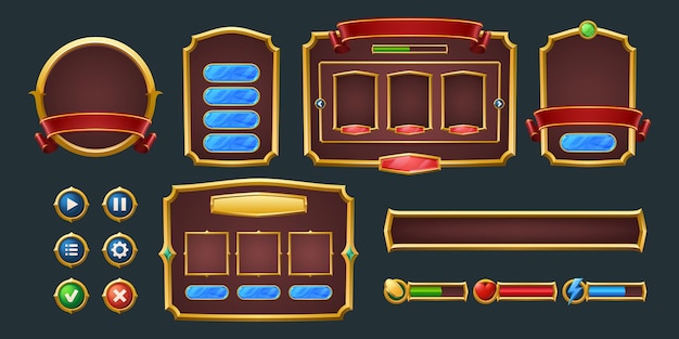 Free Vector set of game frames, bars and menu buttons cartoon interface elements. empty borders with banners, ui or gui design blue, red and green scales, play, pause keys, user panel settings isolated vector kit