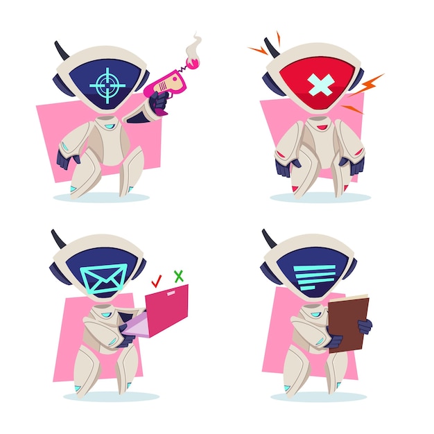 Free Vector set of handdrawn robots shooting with phaser showing error sending email reading message