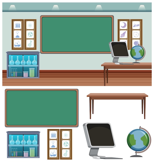 Free Vector set of science classroom and background