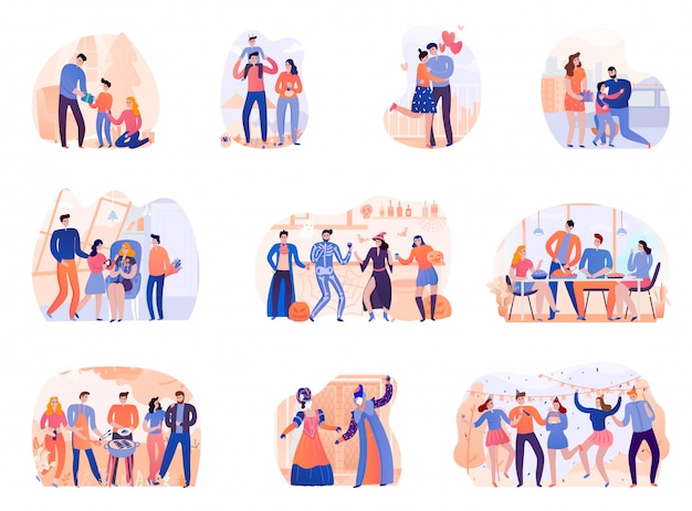 Free Vector set of season holidays birth day halloween bbq party thanksgiving and venice carnival isolated illustration