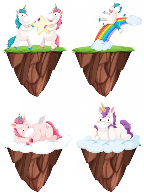 Free Vector set unicorn on island