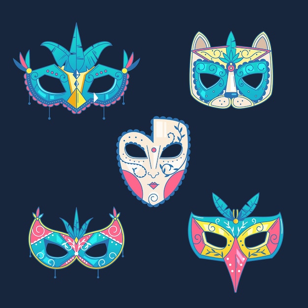 Free Vector set of venetian carnival masks on blue background