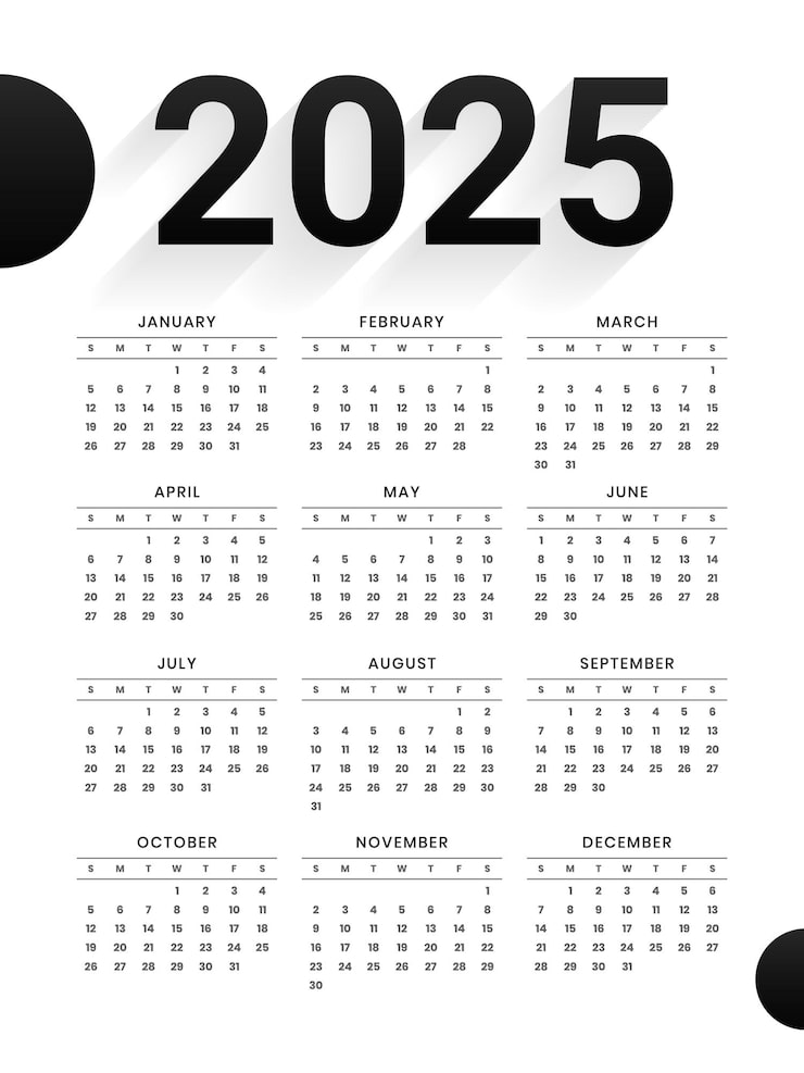 Free Vector simple 2025 english calendar layout in white and black