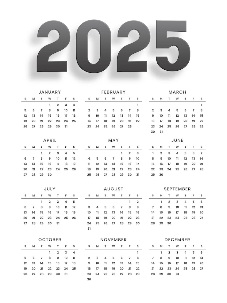 Free Vector simple 2025 new year monthly calendar layout design