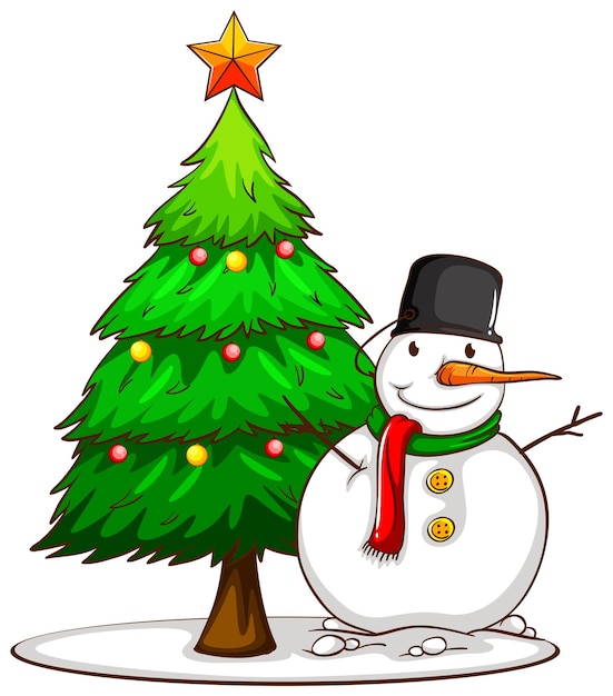 Free Vector a simple sketch of a snowman beside the christmas tree