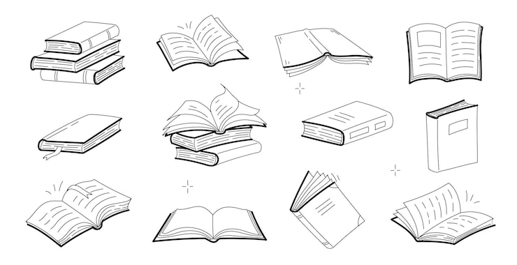Free Vector sketches of open and closed books, stack of textbooks, dictionary or novels with blank covers. vector doodle icons of literature for library, store, university or school isolated on white background