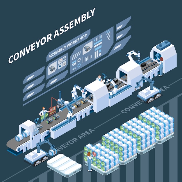 Free Vector smart assembly line with robotic equipment and augmented reality operations isometric composition on dark