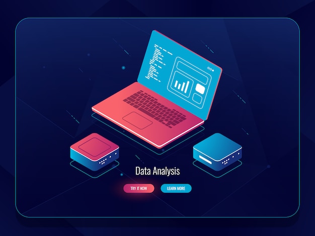 Free Vector soft development isometric, web design process, laptop with data, programming and code writing