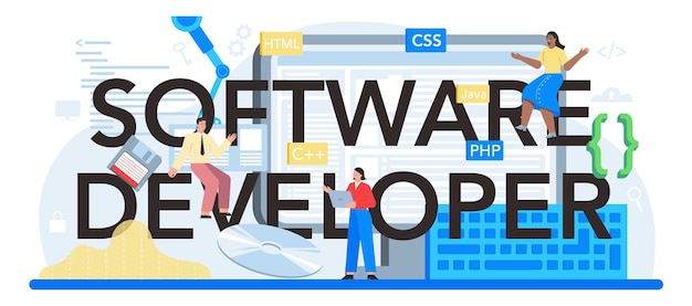 Free Vector software developer typographic header idea of programming and coding system development digital technology software developing company writing code isolated vector illustration